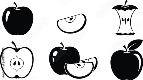 Apple fruit whole slice core seed illustration vector set black and white simple design