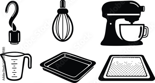 Baking kitchen utensils set with mixer whisk measuring cup and trays vector illustration