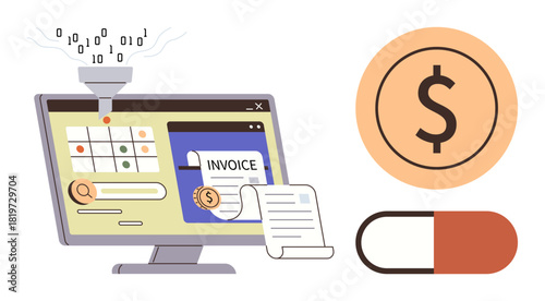 Computer screen with data filtering funnel, invoice generation, dollar sign, and medical capsule. Ideal for finance, healthcare, e-commerce, analytics, automation payment processing and digital
