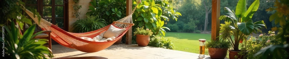 Fototapeta premium A sun-drenched patio with lush greenery, a comfortable hammock, and a refreshing drink, embodying the perfect serene escape and beautiful lifestyle , wellbeing, peace, patio