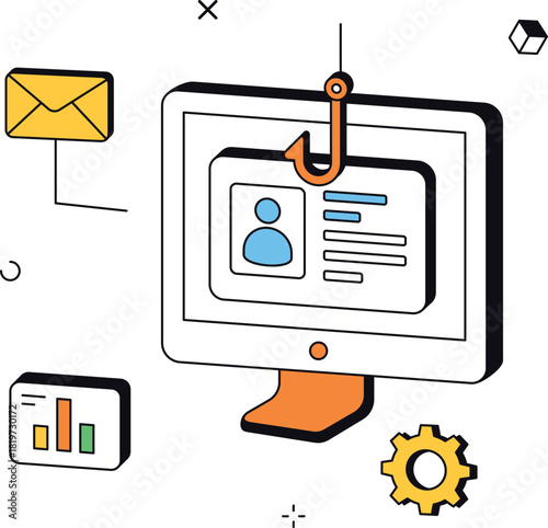 Phishing attack via computer email with security hook isometric flat vector illustration