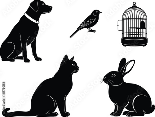 Vector illustration of domestic animals dog cat bird rabbit and cage eps silhouette
