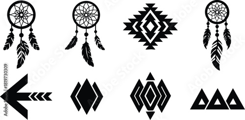 Native American style dreamcatcher arrow and geometric tribal symbols vector illustration black and white design