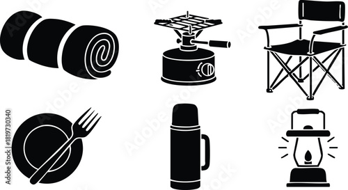 Camping equipment icons rolled mat gas stove folding chair plate fork thermos lantern vector illustration