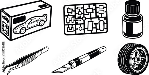 Model car kit box parts tweezers knife paint tire tools hobby crafting supplies vector illustration