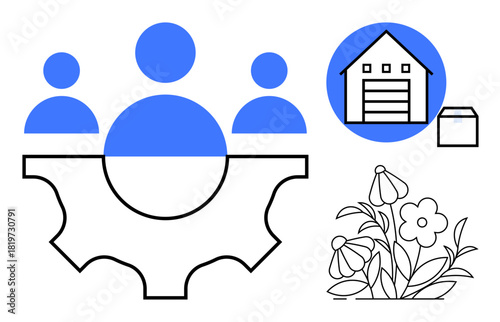 Abstract gear with team icons, warehouse with storage box, and blooming flowers. Ideal for teamwork, logistics, supply chain, sustainability, innovation growth and collaboration. A simple flat