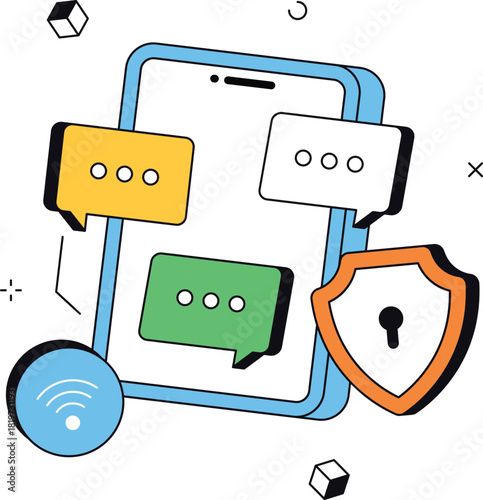 Smartphone cyber security with messaging app data protection isometric flat vector illustration