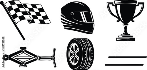 Racing helmet tire checkered flag trophy and car jack vector illustration set