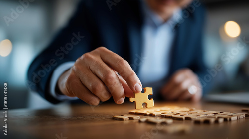 Tapety artystyczne Hand positioning final puzzle piece into board defocused completion background representing solution symbolism execution achievement successful delivery problem solving
