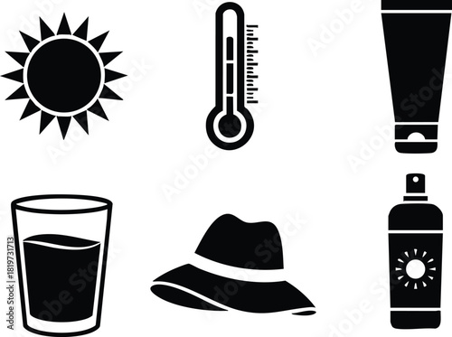 Sun thermometer hat sunscreen lotion glass skin protection vector illustration