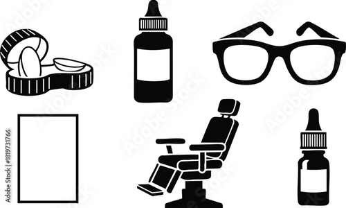 Eye care icons contact lenses solution glasses eye drops eye test chair vector illustration
