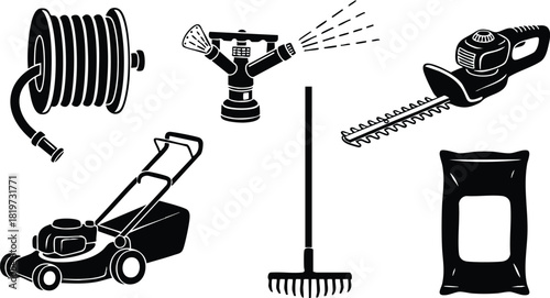 Garden tools set with lawn mower rake sprinkler hose hedge trimmer and fertilizer bag vector illustration