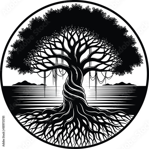 Banyan tree of life vector illustration black and white circle design eps silhouette