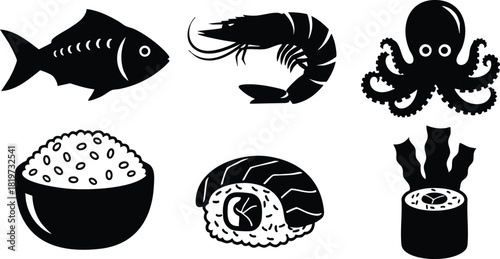 Seafood fish shrimp octopus rice sushi roll vector illustration icons set
