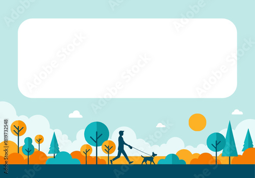 Stylized vector illustration of a man walking his dog in a colorful autumn park, perfect for text overlay.