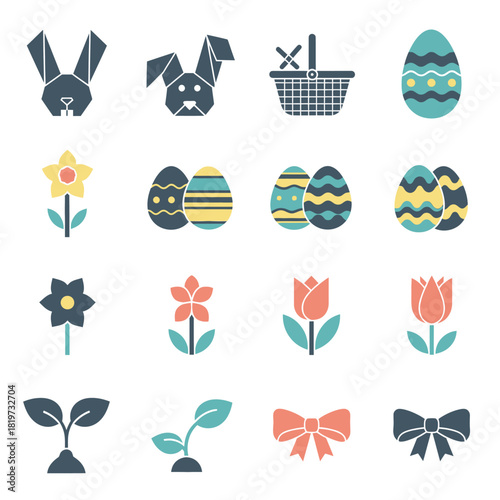 Geometric and minimalist Easter icon collection featuring rabbits, colored eggs, and spring blossoms.