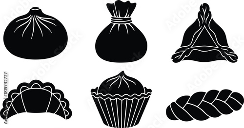 Traditional black silhouette icons of various dumplings and pastries vector illustration