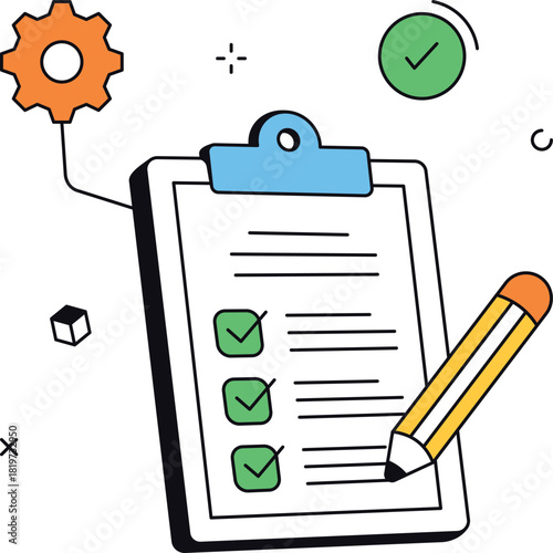 Checklist creation task management with gear pencil isometric flat vector illustration