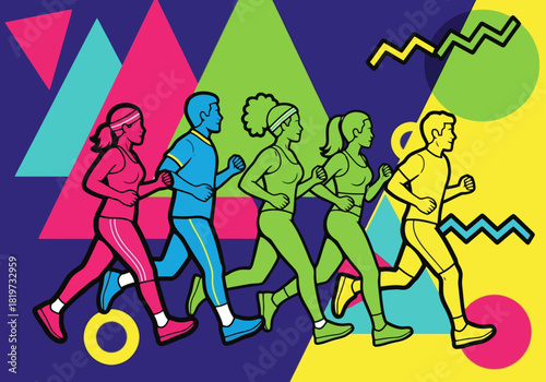 Energetic vector illustration of athletes running against a bright geometric retro background.