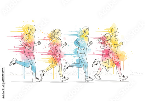 Outline drawing of people jogging with vibrant watercolor abstract design elements.