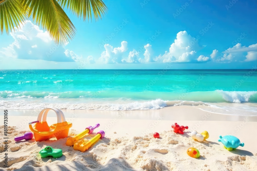 custom made wallpaper toronto digitalBright sunny day at the beach, vibrant turquoise water, colorful beach toys scattered on the sand, perfect summer fun , sun, ball, fun