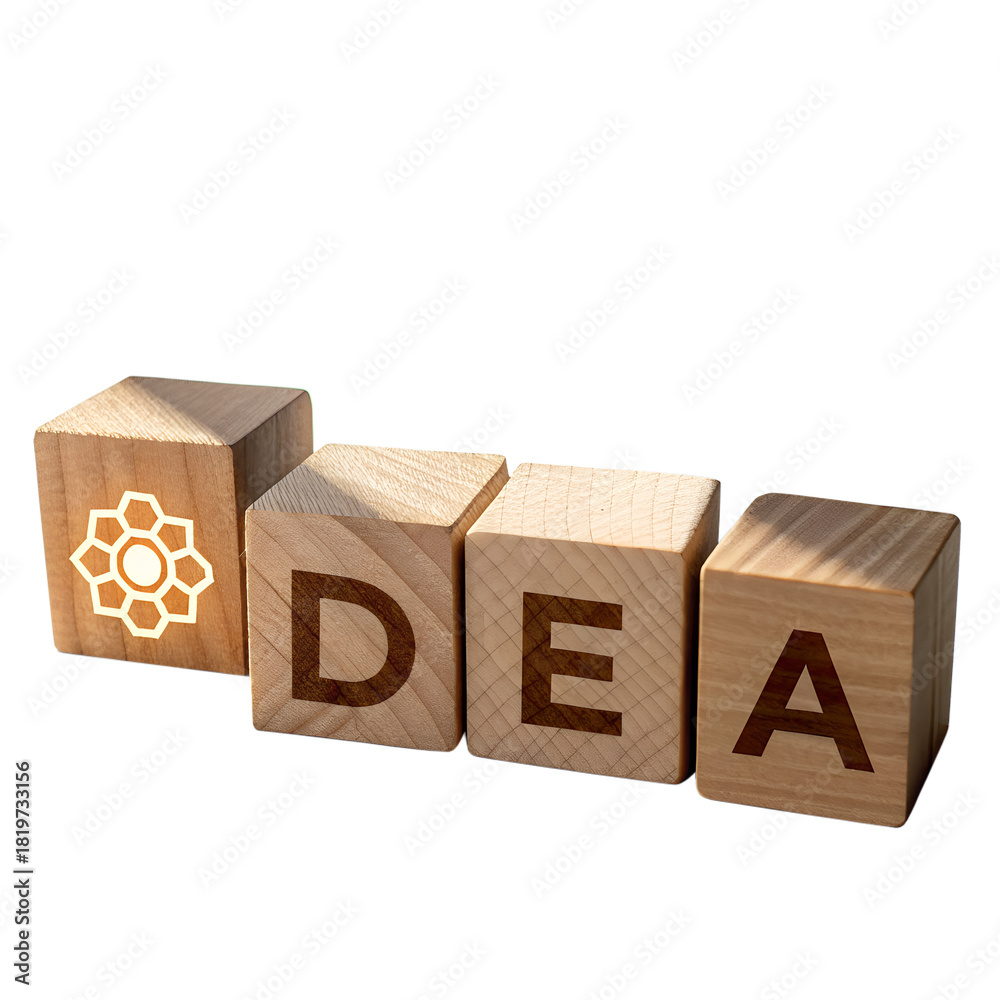Obraz premium Wooden blocks spell out the word IDEA with a glowing symbol on a dark background.