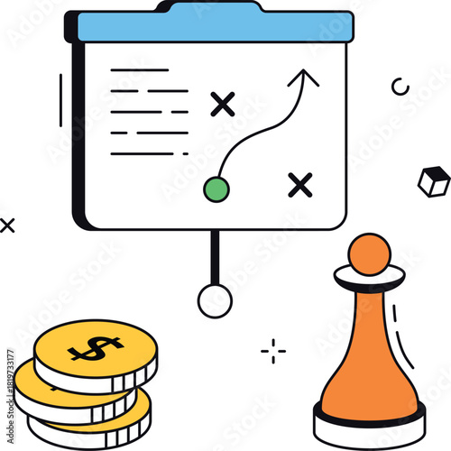 Strategic planning and investment with dollar coins chess pawn isometric flat vector illustration