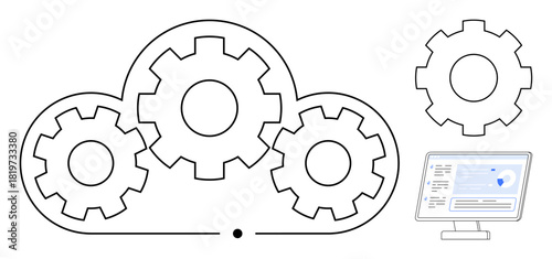 Cloud outline with interlocking gears signifying technology synchronization. Monitor displaying data dashboard highlights innovation, optimization, and digital solutions. Ideal for technology, cloud