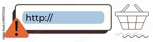 Warning sign beside an internet URL bar and shopping basket outline, signaling security issues or online risk. Ideal for cybersecurity, e-commerce, online risk, scam awareness, safety, caution