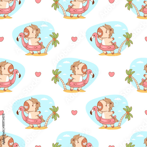 Seamless pattern Cute Summer Little Horse with inflatable pink flamingo on white background. Funny Cartoon Animal Pony Kawaii Beachgoer character vacation. Vector illustration. Kids collection. Not AI