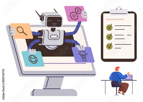 Robot performing multitasking through a monitor while a professional reviews a checklist. Ideal for technology, AI, productivity, workflow, innovation, automation, and management. Simple flat