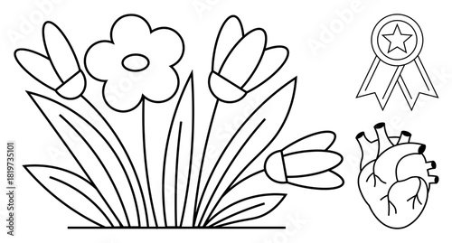 Blooming flowers with petals, leaves, and stems, next to an award ribbon and anatomical heart. Ideal for nature, health, success, anatomy biology wellness and growth concepts. Simple flat metaphor