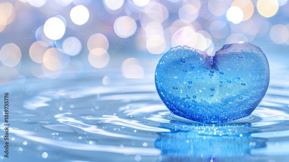 Fototapeta premium Crystal water heart forming from swirling blue liquid ribbons, suspended droplets, shimmering reflections, ethereal dreamlike style, soft bokeh lights, Valentine concept