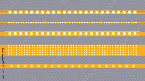 Collection of various yellow LED light strips on a transparent background Vector