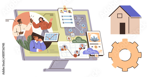 Team collaborating via technology, project tools on screen, flowcharts, house icon, and gear. Ideal for teamwork, innovation, remote work, technology management process and strategy