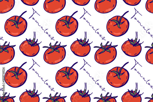 Seamless pattern with red tomato. Fresh farm vegetables and inscription. Vegetables Ingredients for cooking, hand drawn doodle sketch for Mediterranean diet wallpaper, wrapping paper. Repeated print. 