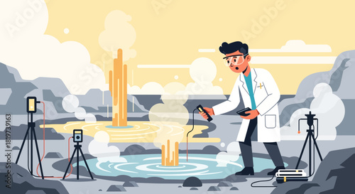 Scientist Analyzing Geothermal Activity in Volcanic Landscape Using Modern Technology