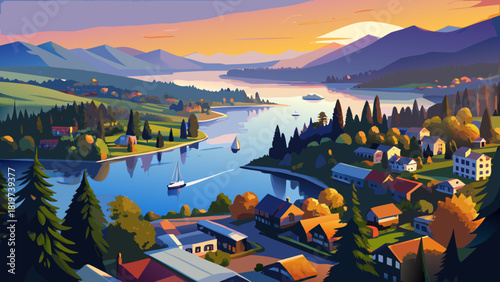 Very beautiful aerial drone view of Lake Oswego, Oregon, showcasing calm blue waters surrounded by dense forests and residential houses, bathed in warm sunset light on a clear evening.