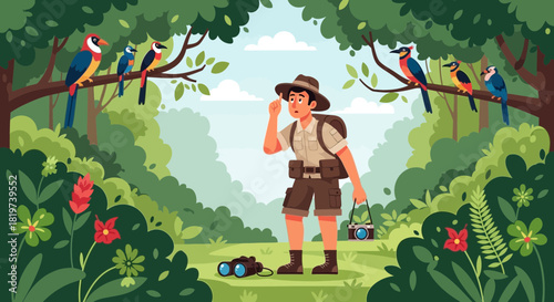 Animated explorer discovers vibrant birds in a lush jungle adventure setting