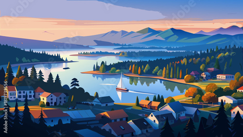 Very beautiful aerial drone view of Lake Oswego, Oregon, showcasing calm blue waters surrounded by dense forests and residential houses, bathed in warm sunset light on a clear evening.