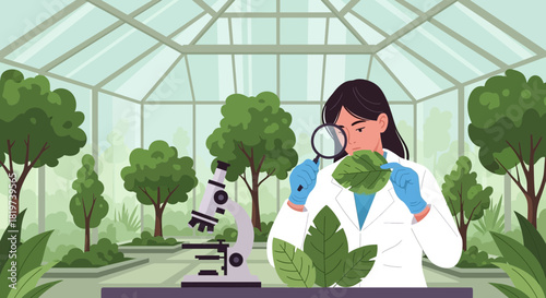Female scientist examining plant in a greenhouse, botanical research concept