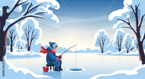 Serene winter ice fishing scene with a child enjoying a calm outdoor activity