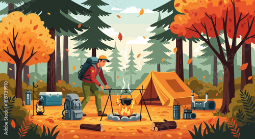 Autumn Camping Adventure: A Solo Hiker Prepares Meal Amidst the Forest Serenity