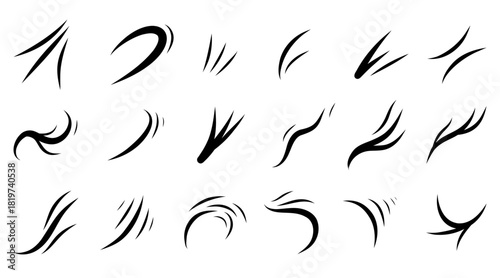 Hand-drawn wind air line effects in doodle style. Swirl speed waves, air flow, storm gusts, curve smoke shapes. Motion elements for weather, breeze, and airflow design.