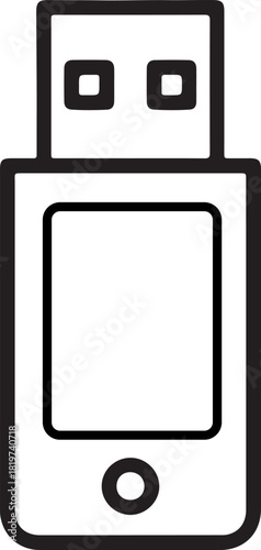 Minimalist line art icon of a usb flash drive, symbolizing digital data storage, transfer, and portable memory technology.