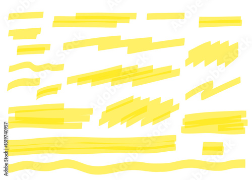 Set of straight yellow marker strokes. Hand-drawn highlighter lines, brush stripes and underlines. Vector markers for text emphasis, notes, design elements and layout.
