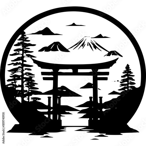 Silhouette of torii gate with mountain and trees in circle frame