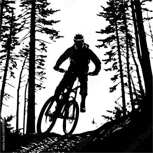 Silhouette of mountain biker riding through a forest landscape art
