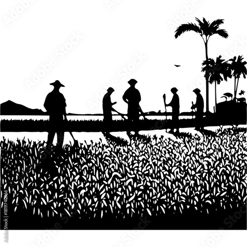 Silhouette of farmers working in a field with palm trees behind them