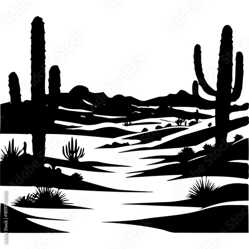 Silhouette of a desert landscape with cactus and distant mountains